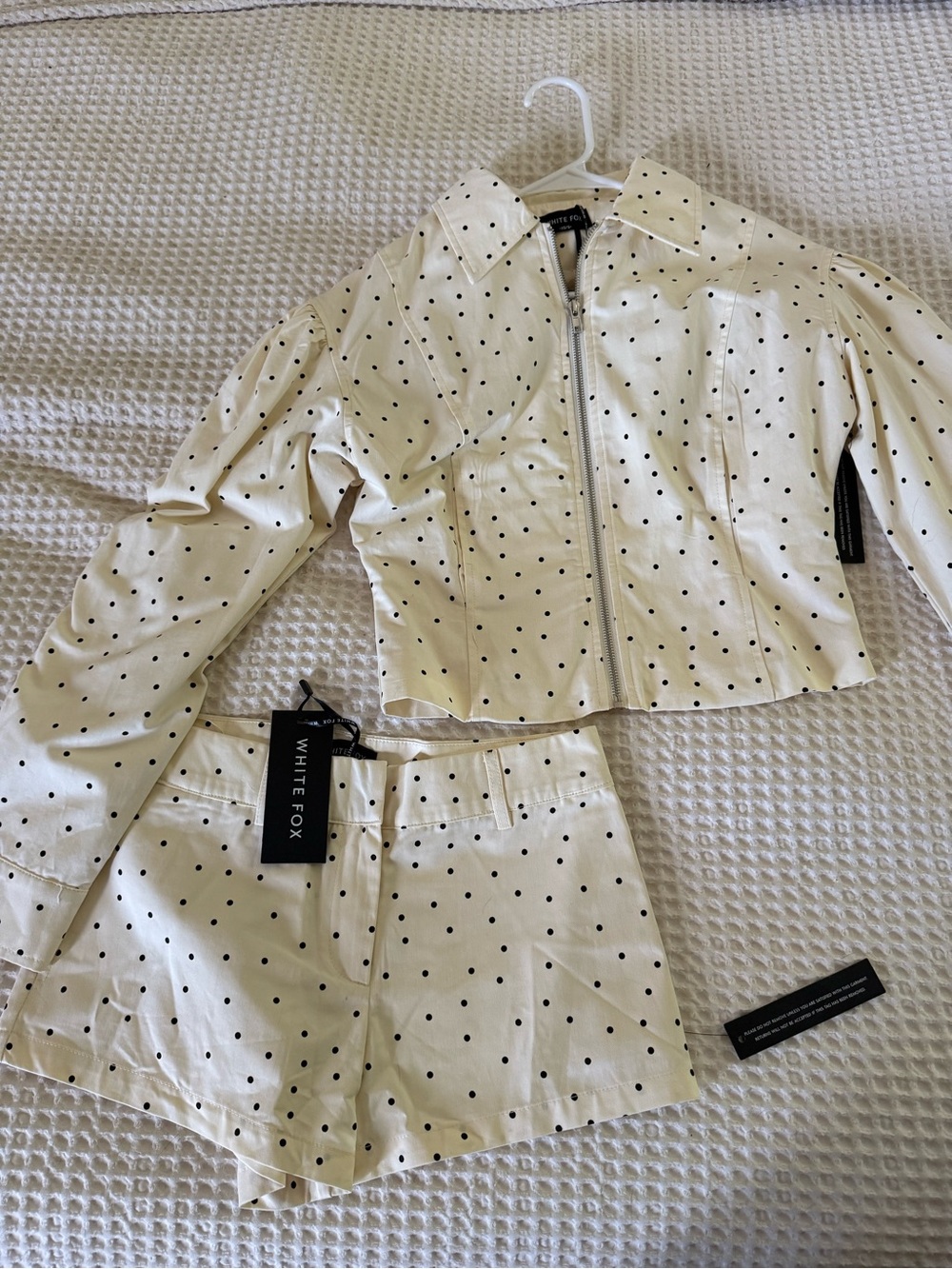 White Fox Boutique Cream Polka Dot Bike Short and Jacket SET.